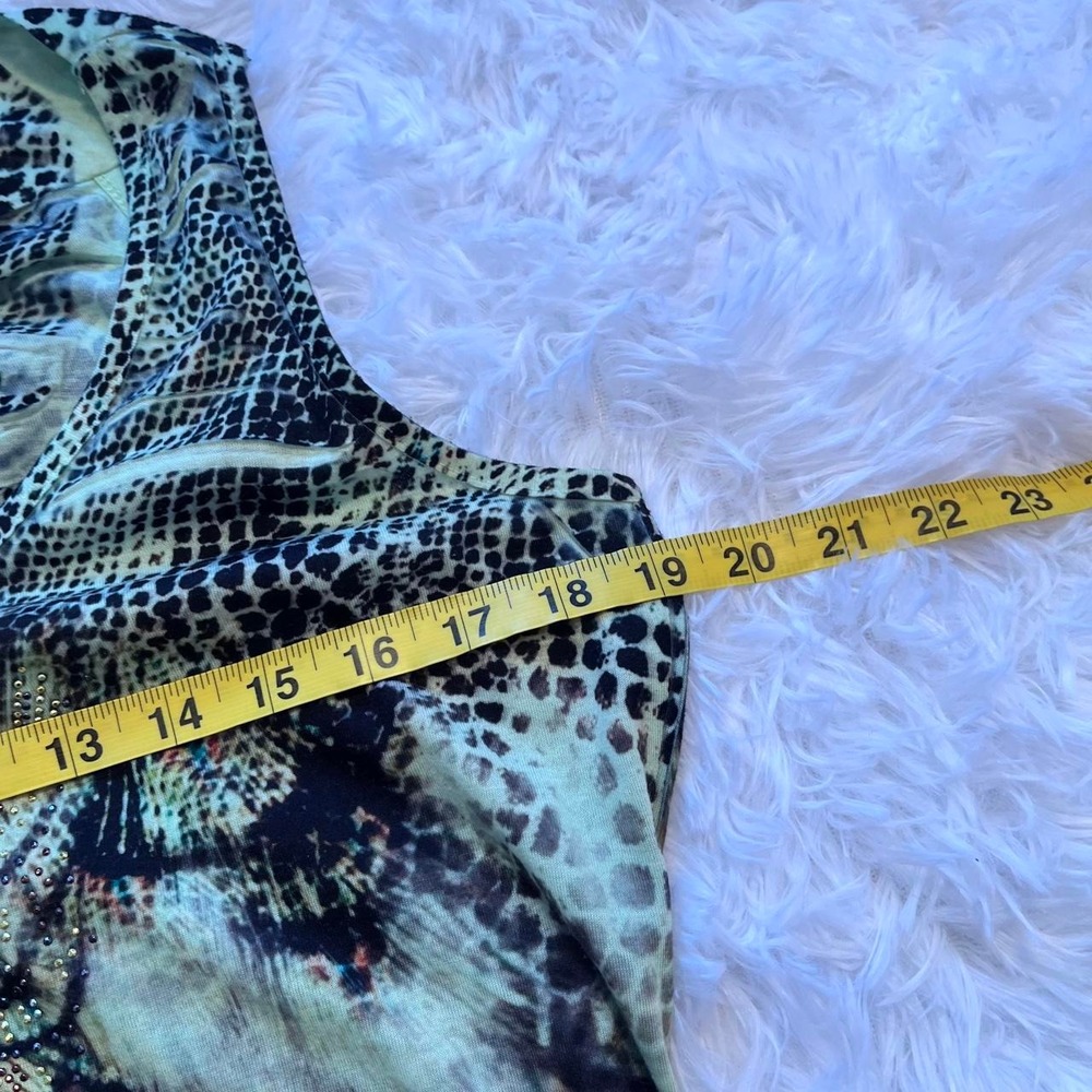 Y2K Green Animal & Floral Print Baby Doll Rhinestone Asymetrical Hem Top Medium - Picture 5 of 8